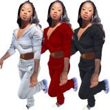 Casual Solid Zipper Hoodies Pants Two Piece Sets XYF-9066