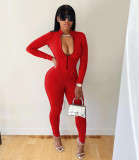 Casual Solid Front Zipper Long Sleeve Jumpsuits AIL-138