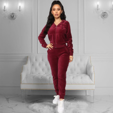 Solid Velvet Zipper Hoodies Pants Two Piece Sets XMY-9204