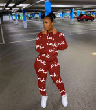 Pink Letter Print Long Sleeve Casual Two Piece Sets TK-6135