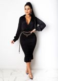 Sexy V Neck Long Sleeves Slim Midi Dress SFY-193