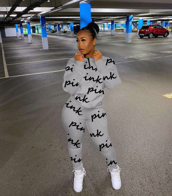 Pink Letter Print Long Sleeve Casual Two Piece Sets TK-6135