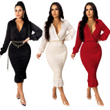 Sexy V Neck Long Sleeves Slim Midi Dress SFY-193