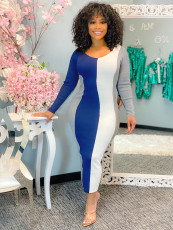 Contrast Color Long Sleeve Maxi Dress MEI-9127