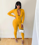 Casual Solid Front Zipper Long Sleeve Jumpsuits AIL-138