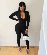 Casual Solid Front Zipper Long Sleeve Jumpsuits AIL-138