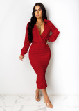 Sexy V Neck Long Sleeves Slim Midi Dress SFY-193