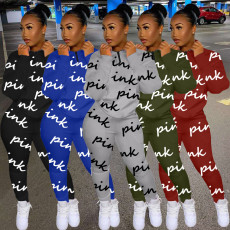 Pink Letter Print Long Sleeve Casual Two Piece Sets TK-6135