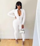 Casual Solid Front Zipper Long Sleeve Jumpsuits AIL-138