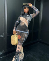 Sexy Dollar Print Mesh Long Sleeve Slim Maxi Dress SHD-9504