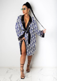 Sexy Printed Loose Full Sleeve Sashes Pajamas Midi Dress SHD-9452