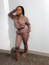Casual Solid Long Sleeve Zipper Two Piece Sets WAF-7115