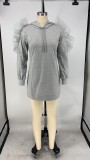 Solid Hooded Long Sleeve Mesh Patchwork Mini Dress XMY-9272
