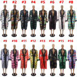 Sexy Printed Loose Full Sleeve Sashes Pajamas Midi Dress SHD-9452