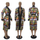 Sexy Printed Loose Full Sleeve Sashes Pajamas Midi Dress SHD-9452