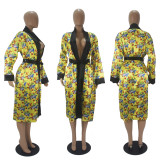 Sexy Printed Loose Full Sleeve Sashes Pajamas Midi Dress SHD-9452