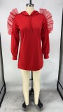 Solid Hooded Long Sleeve Mesh Patchwork Mini Dress XMY-9272