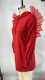 Solid Hooded Long Sleeve Mesh Patchwork Mini Dress XMY-9272