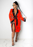 Sexy Printed Loose Full Sleeve Sashes Pajamas Midi Dress SHD-9452