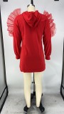 Solid Hooded Long Sleeve Mesh Patchwork Mini Dress XMY-9272