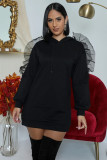 Solid Hooded Long Sleeve Mesh Patchwork Mini Dress XMY-9272