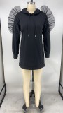 Solid Hooded Long Sleeve Mesh Patchwork Mini Dress XMY-9272