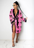 Sexy Printed Loose Full Sleeve Sashes Pajamas Midi Dress SHD-9452
