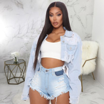Denim Ripped Tassel Cropped Jacket Coat SMR-9828