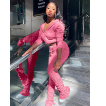 Solid Zipper Hoodies Stacked Pants 2 Piece Sets SMR-9890