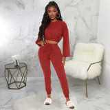 Casual Solid Long Sleeve Two Piece Pants Set SMR-9792