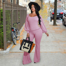 Solid Ribbed Lantern Sleeve Two Piece Suits DMF-8158