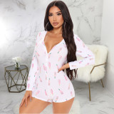 Sexy Printed V Neck Long Sleeve Romper SMR-9826
