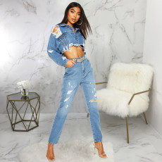 Denim Ripped Hole Full Sleeve Cropped Jacket Coat SMR-9832