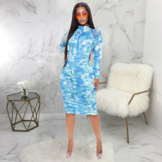 Sexy Printed Long Sleeve Ruched Slim Midi Dress SMR-9806