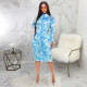 Sexy Printed Long Sleeve Ruched Slim Midi Dress SMR-9806