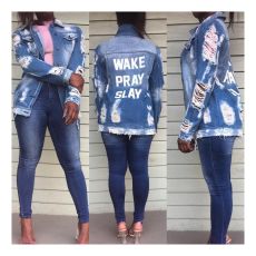 Casual Letter Print Ripped Hole Denim Coat SMR-9853