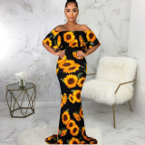 Sexy Sunflower Print Slash Neck Maxi Dress SMR-9877