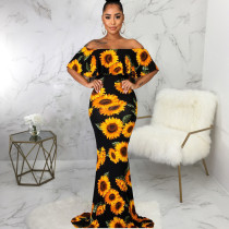 Sexy Sunflower Print Slash Neck Maxi Dress SMR-9877