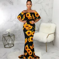 Sexy Sunflower Print Slash Neck Maxi Dress SMR-9877