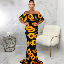 Sexy Sunflower Print Slash Neck Maxi Dress SMR-9877