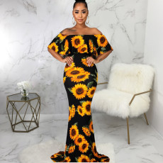 Sexy Sunflower Print Slash Neck Maxi Dress SMR-9877