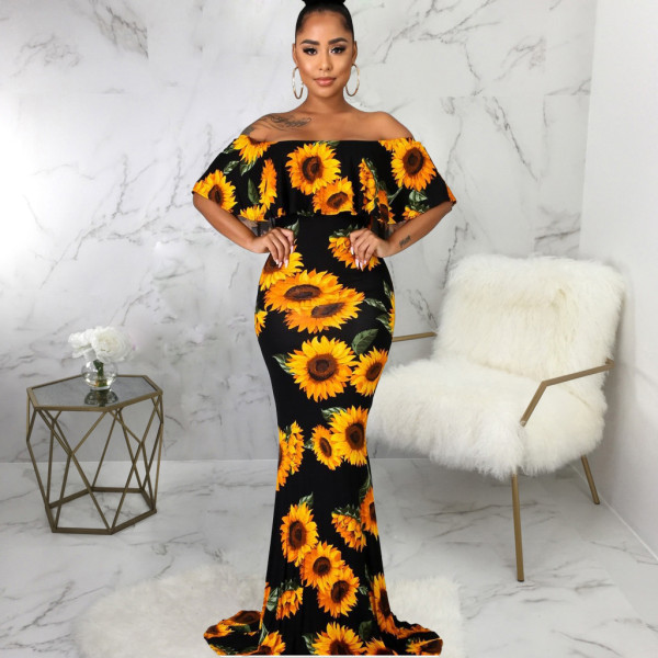 Sexy Sunflower Print Slash Neck Maxi Dress SMR-9877