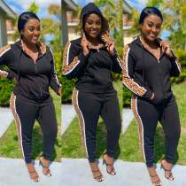 Leopard Patchwork Hooded Zipper 2 Piece Suits SMR-9744