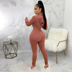 Sexy Hooded Zipper Long Sleeve 2 Piece Pants Set SMR-9781