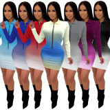 Gradient Front Zipper Long Sleeve Mini Dress SMR-9874