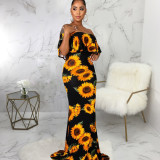 Sexy Sunflower Print Slash Neck Maxi Dress SMR-9877