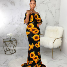 Sexy Sunflower Print Slash Neck Maxi Dress SMR-9877