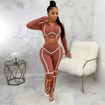 Sexy Hooded Zipper Long Sleeve 2 Piece Pants Set SMR-9781