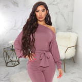 Solid Long Sleeve Sashes One Piece Jumpsuits SMR-9869