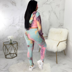 Tie Dye V Neck Hooded Long Sleeve 2 Piece Suits SMR-9811
